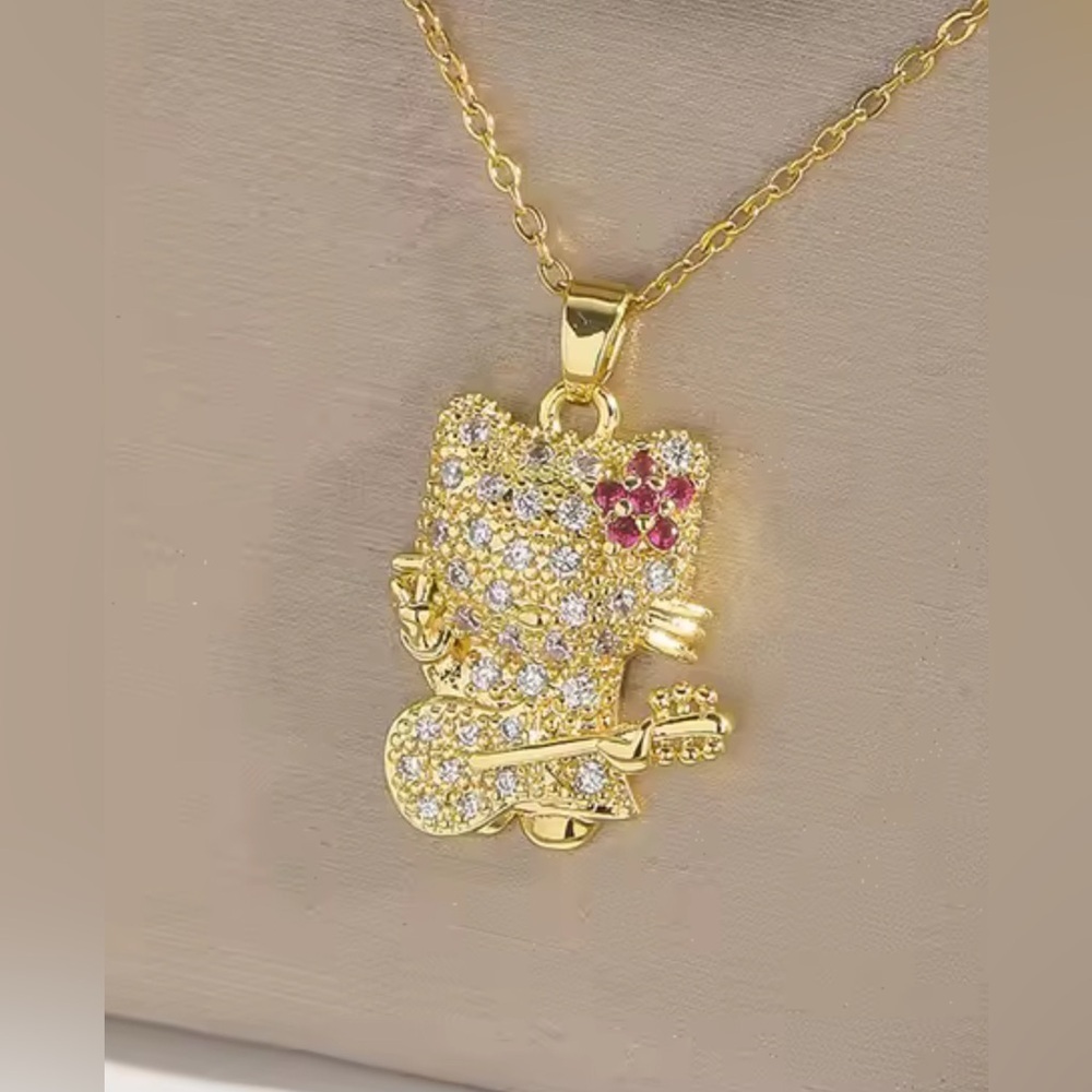 18K Gold Hello Kitty W/ Guitar & Peace Sign Pave Diamond Inlay Necklace Bohemian - Picture 2 of 3